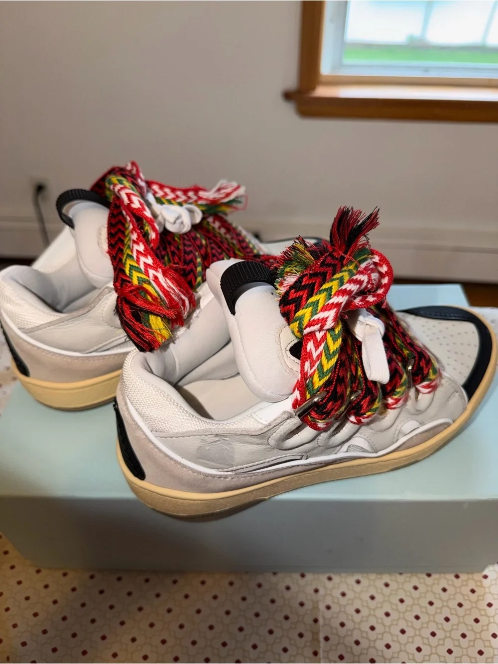 Lanvin White Sneakers with Black Toe and Multicolor Rope Laces